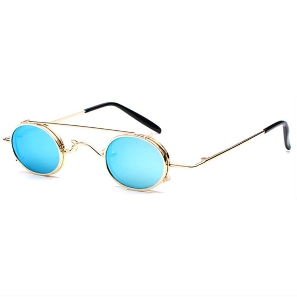 Blue Clip-On Oval Lenses Clear Gold Metal Frame Sunglasses Sunnies NEW